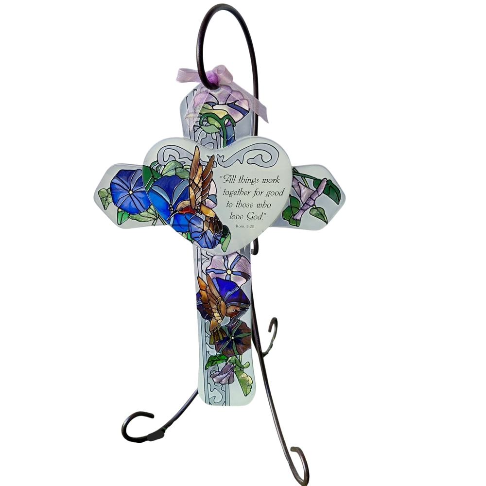 Joan Baker Hand Painted Stained Glass Heart Cross W/Tea Light Stand